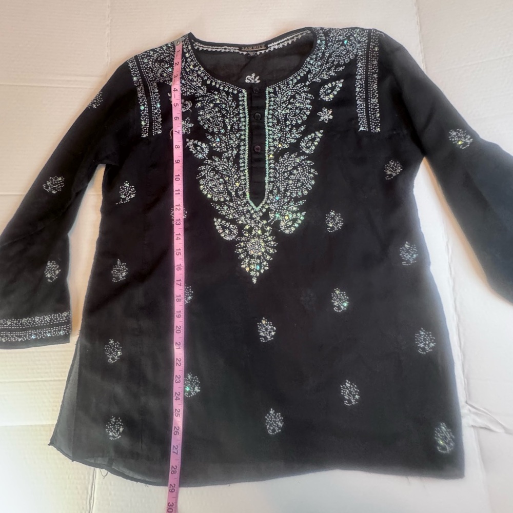 Sam Hilu Black Embroidered Tunic Top Boho India Cotton Medium - Picture 7 of 10
